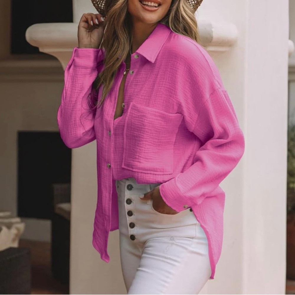 BUNDLE, Pink and Cream Oversized Cuffed Sleeve Button Down Shirts - Picture 4 of 8